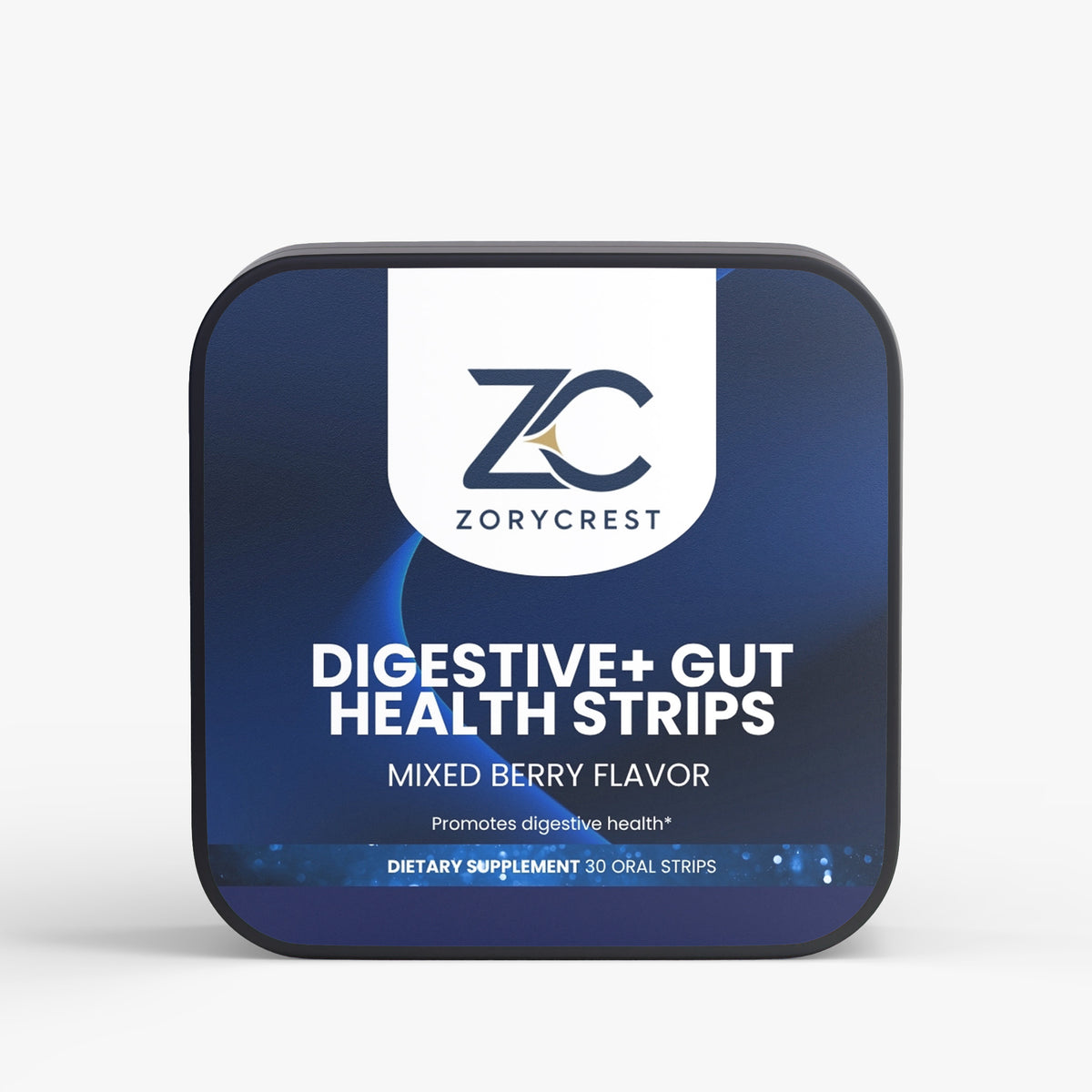 ZORYCREST Digestive + Gut Health Strips pack, mixed berry flavour, 30 dissolvable oral strips